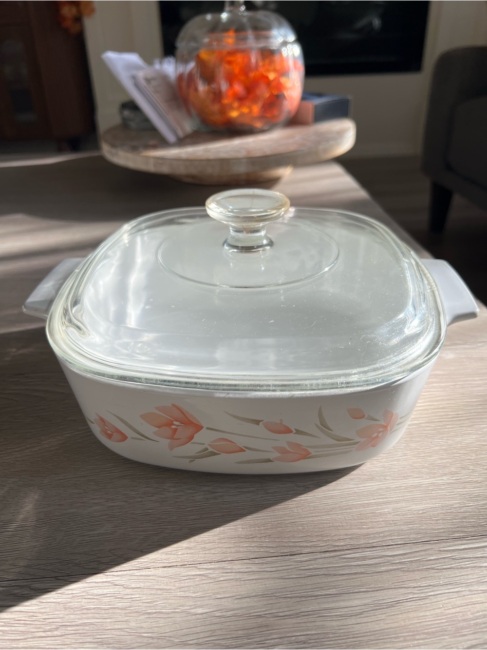 CORNING WARE Peach Floral Pattern A-2-B casserole dish with Pyrex lid